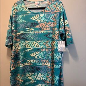 LuLaRoe Teal and Peach Geometric Short Sleeve Top